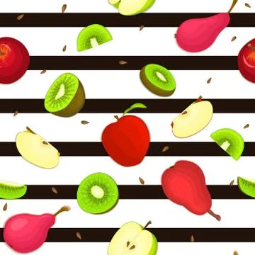Seamless vector pattern of ripe apple kiwi pear fruit. Striped background Stock Illustration
