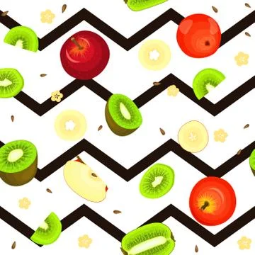 Seamless vector pattern of ripe kiwi apple fruit. Striped zig zag background Stock Illustration
