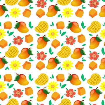 Seamless Vector Pattern with Ripe Mangoes and Tropical Flowers Illustrazione stock