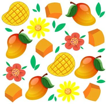 Seamless Vector Pattern with Ripe Mangoes and Tropical Flowers Stock Illustration