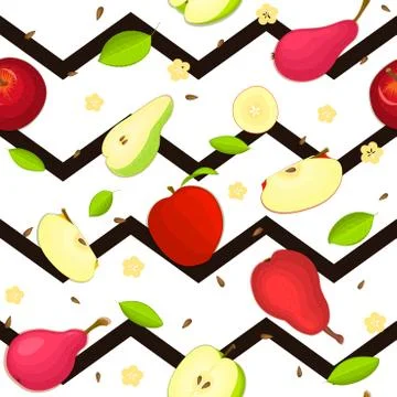 Seamless vector pattern of ripe pear, apple fruit. Striped zig zag background Stock Illustration