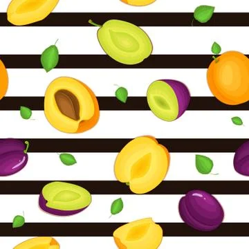 Seamless vector pattern of ripe plum apricot fruit. Striped background Stock Illustration