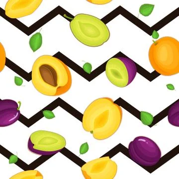 Seamless vector pattern of ripe plum apricot fruit. Striped zig zag background Stock Illustration