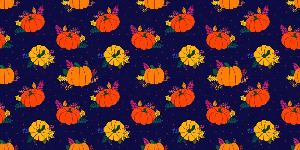 Seamless vector pattern of ripe pumpkins and stripes on a black background Stock Illustration