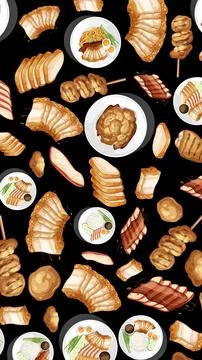 Seamless Vector Pattern of Roasted Duck and Crispy Pork Belly Stock Illustration