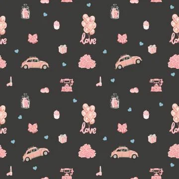 Seamless vector pattern with romantic objects in rose gold color. Stock Illustration