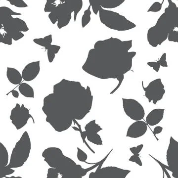 Seamless vector pattern with rose, leaves, and butterflies silho Stock Illustration