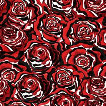 Seamless vector pattern with roses in black, white and red artistic style Stock Illustration