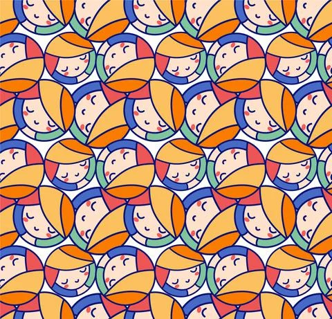 Seamless vector pattern of round faces. Red-haired girl smiling, background in Illustrazione stock