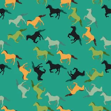 Seamless vector pattern with running horses on green background Stock Illustration