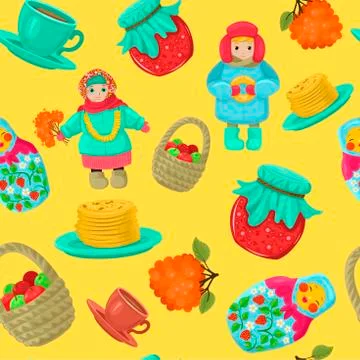 Seamless vector pattern. Russian holiday Maslenitsa symbols. Stock Illustration