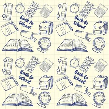 Seamless vector pattern of school items on a beige background. Stock image Stock Illustration