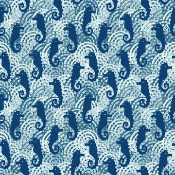 Seamless vector pattern with seahorses on textured blue background Stock Illustration