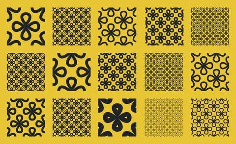 Seamless vector pattern set with black clover like flower shapes in linear ou Stock Illustration