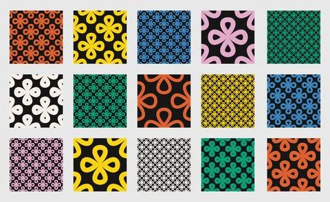 Seamless vector pattern set with clover like flower shapes in outline, contou Stock Illustration