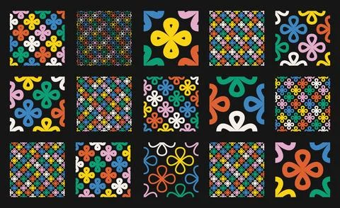 Seamless vector pattern set with clover like flower shapes in frame, outline, Stock Illustration