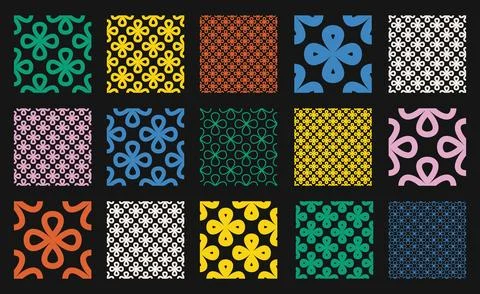 Seamless vector pattern set with clover like flower shapes in outline and lin Stock Illustration