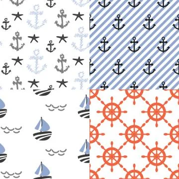 Seamless vector pattern set with nautical sailor theme Stock Illustration