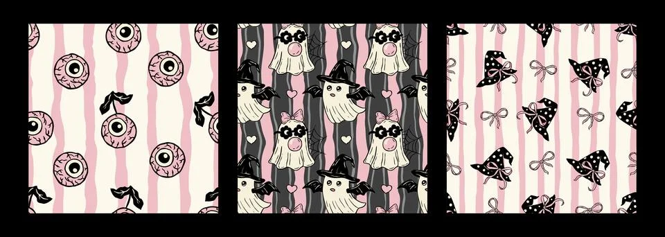 Seamless Vector Pattern Set In Retro Pink Halloween Eyeballs Ribbons, Cute Stock Illustration