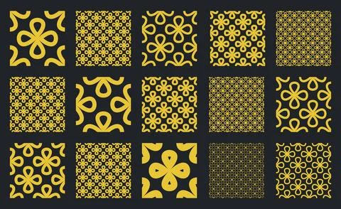 Seamless vector pattern set showcasing clover like flower shapes in linear an イラスト素材