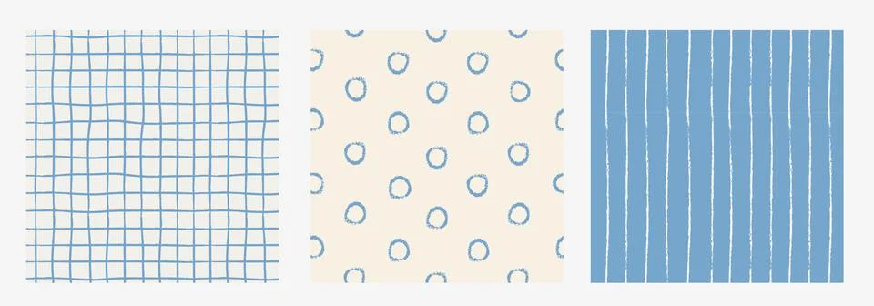 Seamless Vector Pattern Set with Stripes, Mesh and Circles. Blue Jagged Lin.. Illustrazione stock