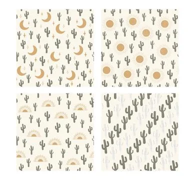 Seamless vector pattern set - summer cactus on desert. Stock Illustration