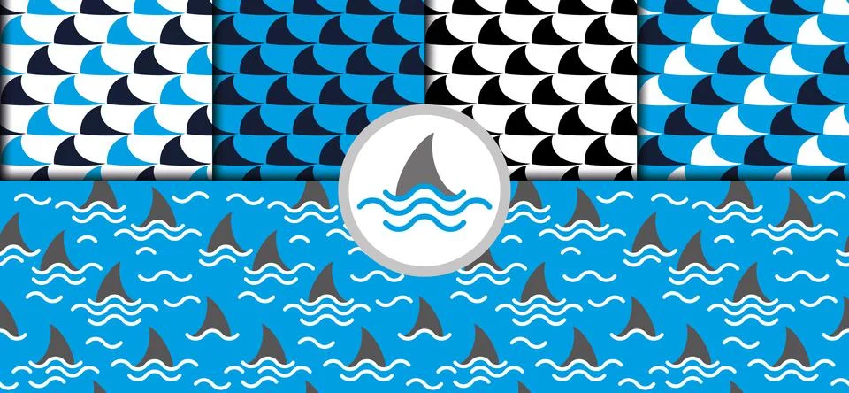 Seamless vector pattern of shark fins on a blue background. Shark print Stock Illustration