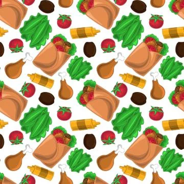 Seamless vector pattern with Shawarma and ingredients Illustrazione stock