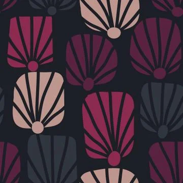 Seamless vector pattern with shell shapes dimple stylized pink flower motifs Stock Illustration