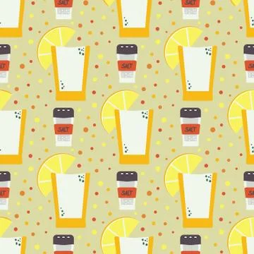 Seamless vector pattern with shot drink tequila, lime, salt bottle. Travel to Stock Illustration