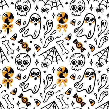 Seamless vector pattern showcases cute kawaii lollipops, playful skulls, spider Stock Illustration