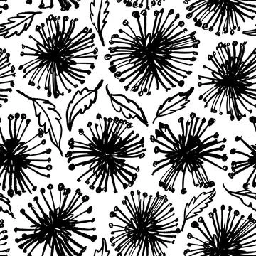 Seamless vector pattern with simple black flowers. Stock Illustration