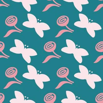 Seamless vector pattern with simple butterflies and roses on a teal background Stock Illustration