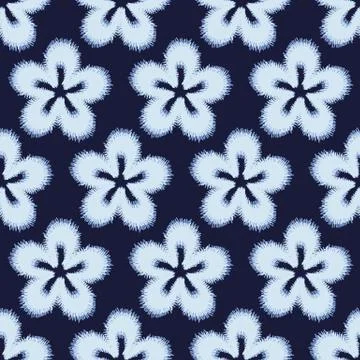 Seamless vector pattern with simple embroidered flowers in indigo blue Illustrazione stock