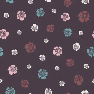 Seamless vector pattern with simple flowers sccattered on a dark background Illustrazione stock