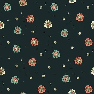 Seamless vector pattern of simple flowers in Indian style on a dark background Illustrazione stock