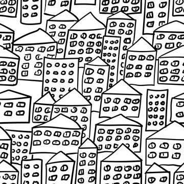 Seamless Vector Pattern of Simple Houses with Many Windows in Black and White Stock Illustration