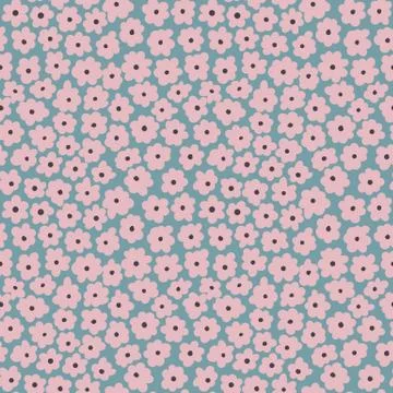 Seamless vector pattern with simple pink flowers on a blue background Stock Illustration