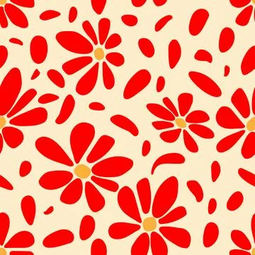 Seamless Vector Pattern with Simple Red Flat Flowers. Messy Hand-Drawn Flor.. Illustrazione stock