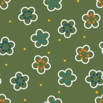 Seamless vector pattern with simple white outlined florals on a green background Stock Illustration