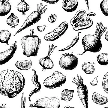 Seamless vector pattern with sketch of vegetables, black and white Stock Illustration