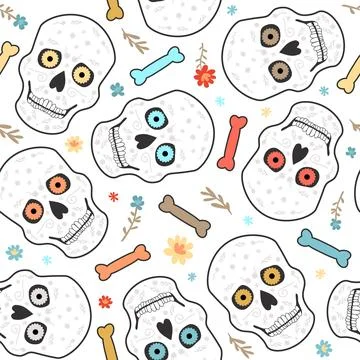 Seamless vector pattern of skulls, bones and flowers. Day of the Dead. Stock Illustration