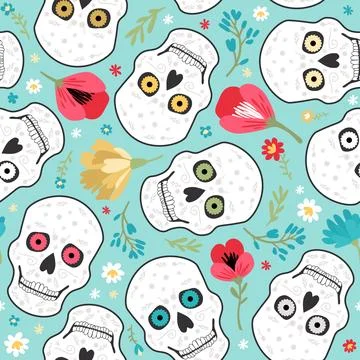 Seamless vector pattern of skulls, bones and flowers. Day of the Dead. For fa イラスト素材