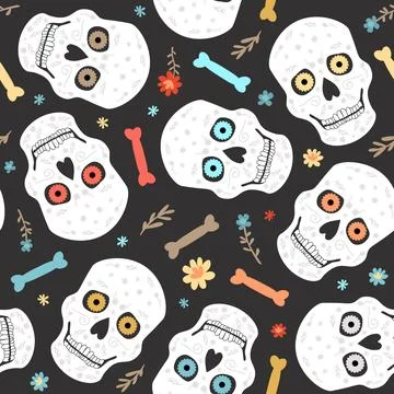 Seamless vector pattern of skulls, bones and flowers. Day of the Dead. Stock Illustration