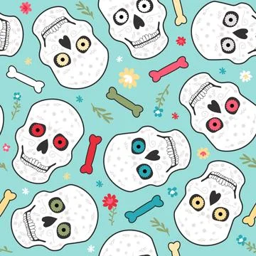 Seamless vector pattern of skulls, bones and flowers. Day of the Dead. Stock Illustration