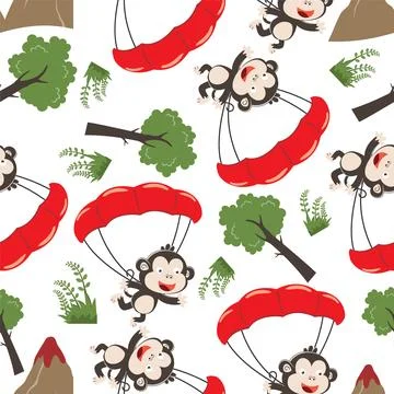 Seamless vector pattern with skydiver monkey Stock Illustration