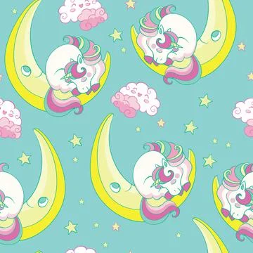 Seamless vector pattern with sleeping unicorn on moon Stockillustratie