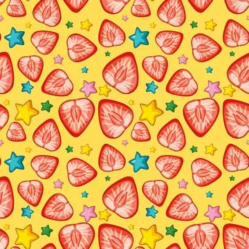 Seamless Vector Pattern with Sliced Strawberries and Colorful Stars 库存插图