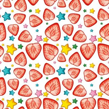 Seamless Vector Pattern of Sliced Strawberries and Colorful Stars イラスト素材