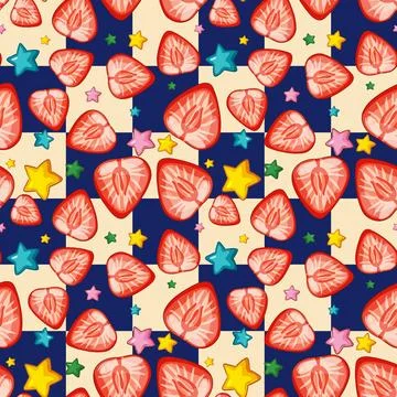 Seamless Vector Pattern with Sliced Strawberries and Colorful Stars Stock Illustration